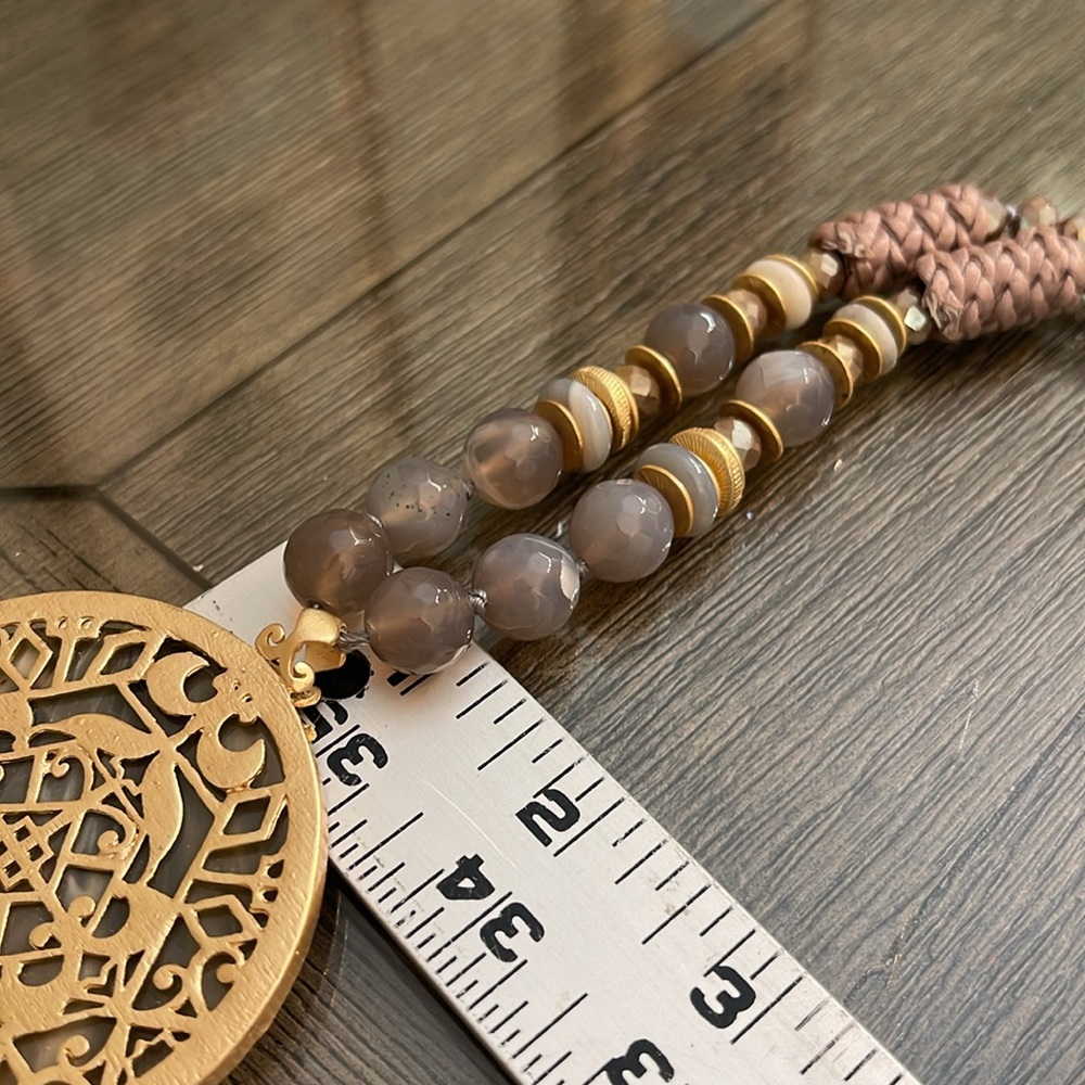 Matte Gold-tone Chain Grey Beads and Large Medallion - Picture 12 of 16
